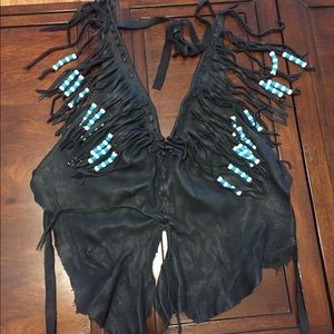 Black fringe leather halter top turquoise beads